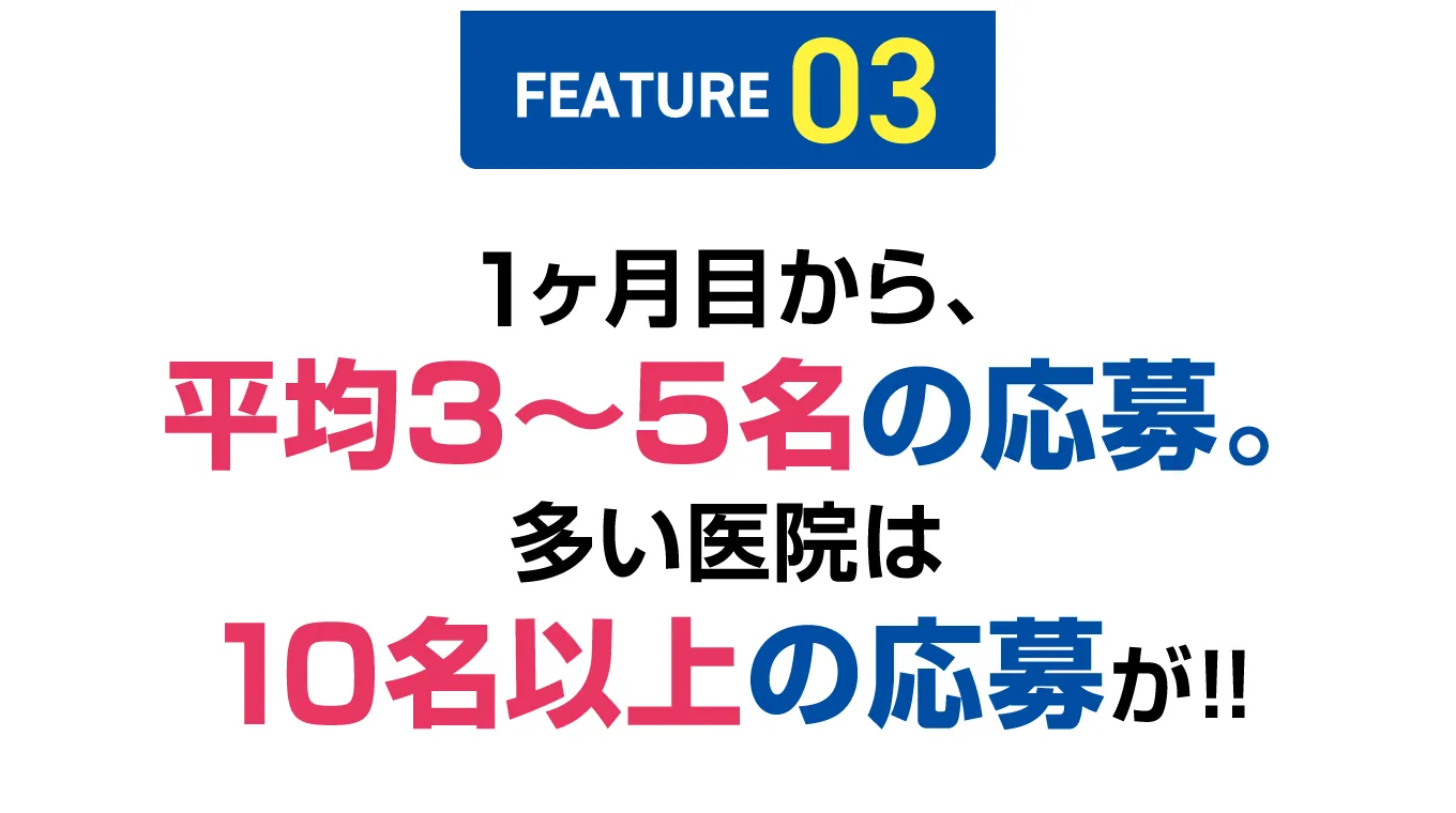 【FEATURE 03】1ヶ月目から、平均3〜5名の応募。多い医院は10名以上の応募が！！